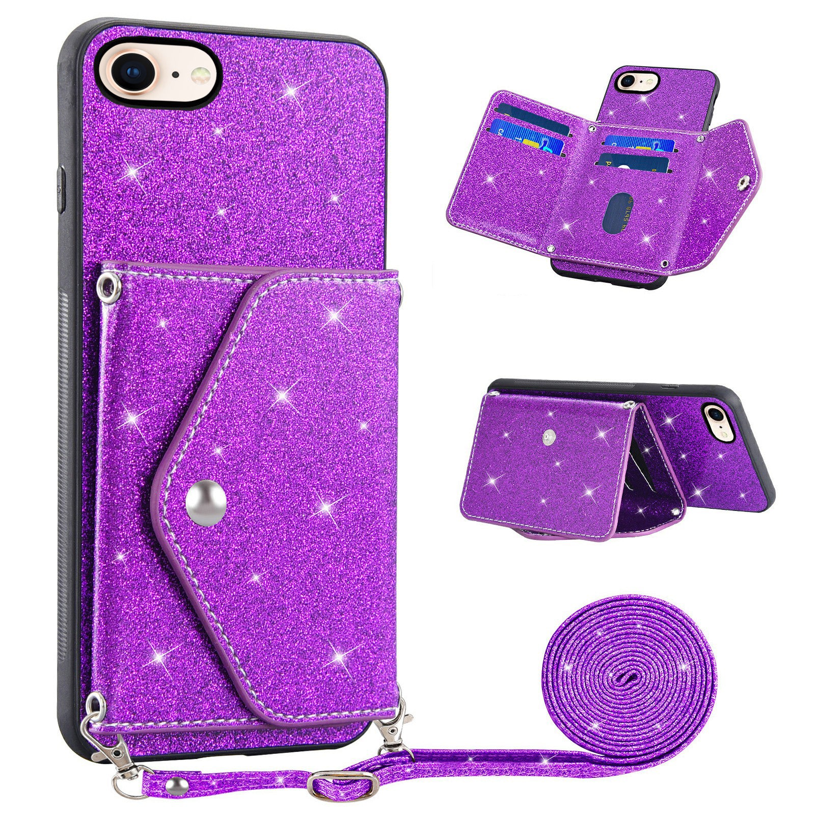 For iPhone 7 / 8 / SE Kickstand Phone Case PU Leather TPU Glittery Powder Cover with Card Holder For iPhone 7 / 8 / SE Kickstand Phone Case PU Leather TPU Glittery Powder Cover with Card Holder